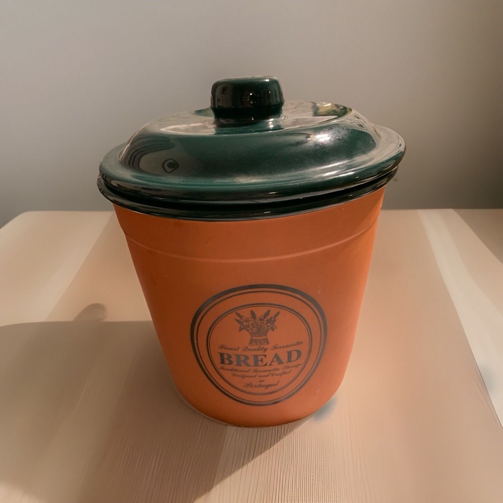 Vintage Bread Canister Terracotta Designed & Crafted In Portugal Green Lid LARGE
